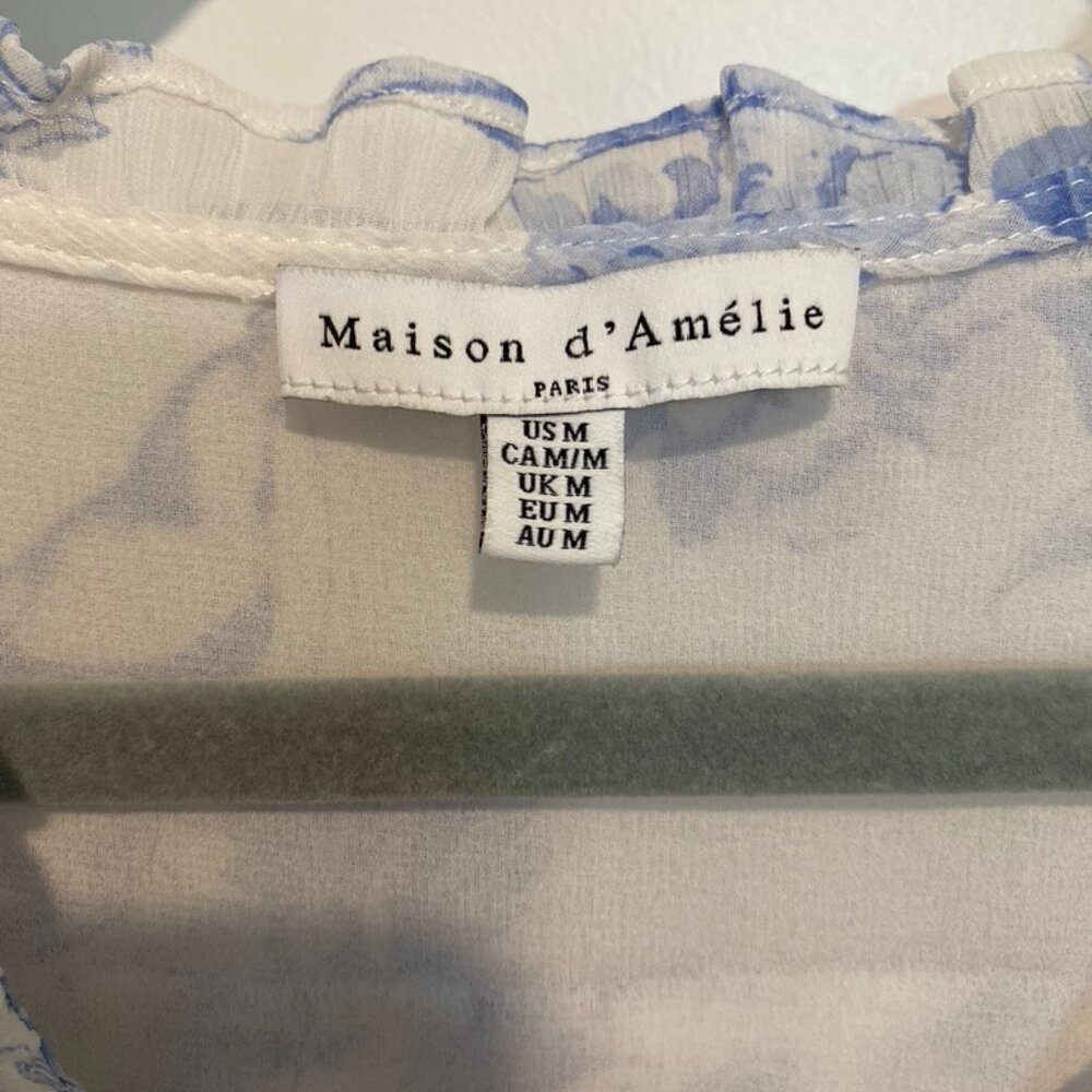Maison d’Amélie Blue Floral Blouse | Sheer Long Sleeve | Size M - Picture 4 of 4